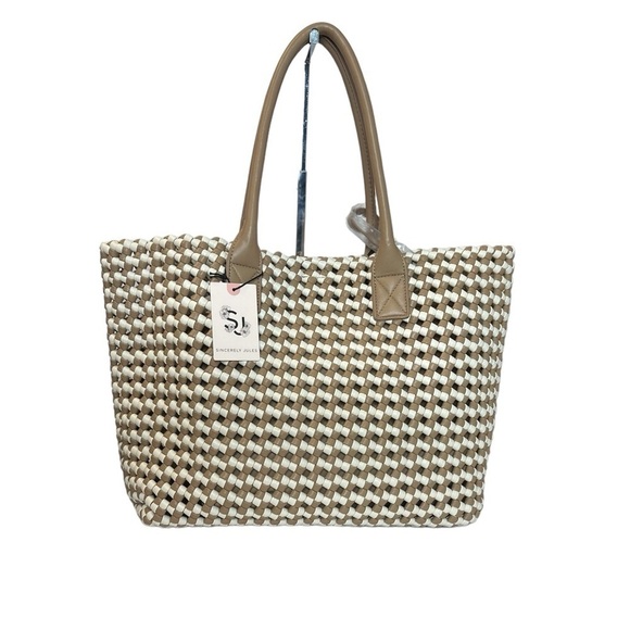 Sincerly Jules Handbags - Sincerely Jules Brown & White Woven Vegan Leather Tote W Large Pouch(D243)